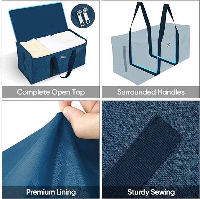BALEINE Extra Large Storage Tote with Zippers & Carrying Handles, Heavy-Duty Oxford Fabric Moving Bags for Laundry, Space Saving, Storage, 2-Pack, Denim Blue