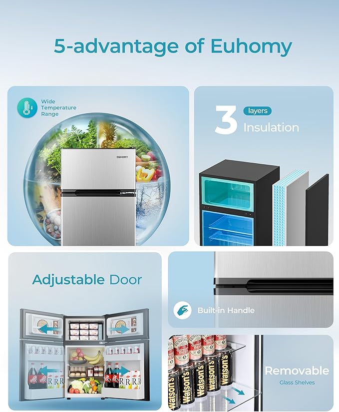 EUHOMY Mini Fridge with Freezer, 3.2 Cu.Ft Mini Refrigerator fridge, 2 door For Bedroom/Dorm/Office/Apartment - Food Storage or Cooling drinks, Silver