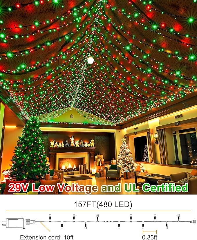 157FT 480 LED Christmas Lights Outdoor, Plug in Christmas Tree Lights Waterproof, 8 Modes Green Wire Twinkle String Light for Indoor Room House Patio Tree Holiday Decorations, Red Green
