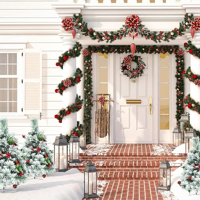 HAPPYGRILL Outdoor Pathway Christmas Tree Set of 2, Pre-Lit Snow Flocked Xmas Trees with LED Lights, 8 Light Modes, 29 inch Battery Powered Porch Christmas Trees for Holiday Decoration