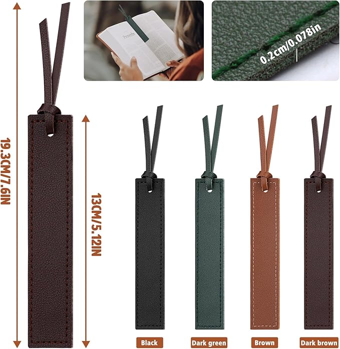4 Pcs Leather Bookmark, Classic Stitched Bookmark with Leather Rope, Bookmarks for Men, Handmade Stitched Book Marks Page Markers for Book Reader Teachers Students School Office