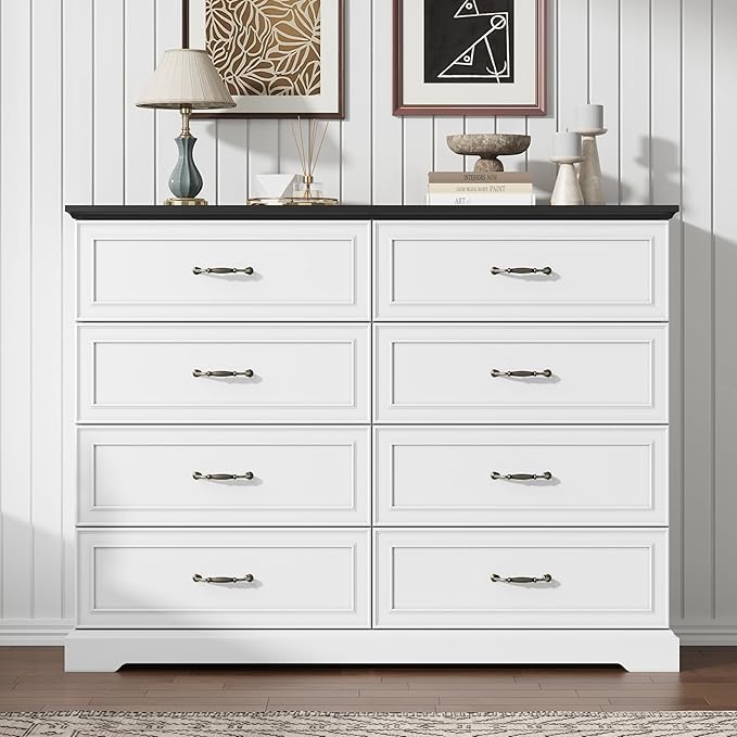 8 Drawer Dresser for Bedroom, 53" Wide Wooden Chest of Drawers, Rustic Farmhouse Dresser with Large Drawers & Metal Handles, Modern Storage Organizer for Closet, Living Room, Hallway, White