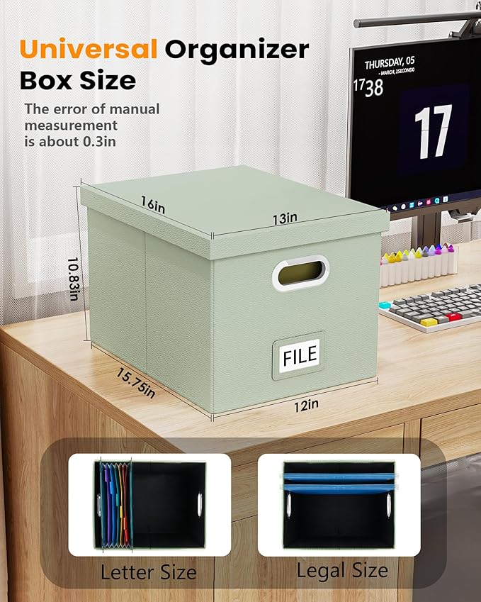 Oterri 2 Pack File Storage Organizer Box,Filing Box,Portable File Box with Lid,Fit for Letter/Legal File Folder Storage, Grey-green(Leather)-Box only