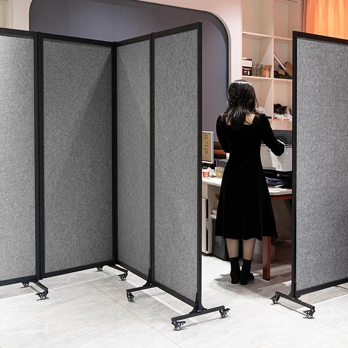 Upgrade Version Room Partition and Divider, Freestanding Rolling Dividers with Wheels,Office Privacy Screen Divider Wall,Classroom Felt Dividers,12'2"L* 6'7"H,6 Panel，Light Grey
