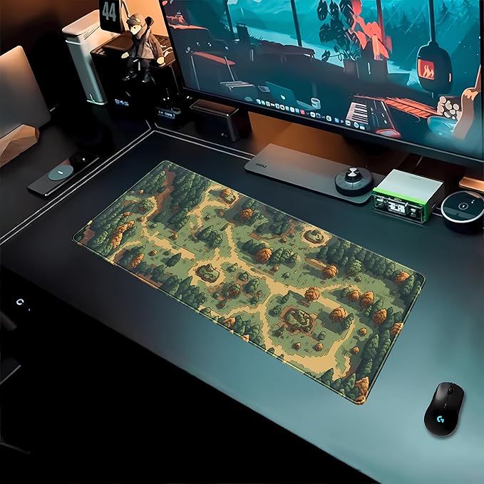 Retro Brown Green Desk Mat XL Large Gaming Green Forest Pixel Mouse Pad Non-Slip Rubber Base Mousepad, Keyboard Mouse Mat, Laptop Computer Mat with Stitched Edges, Office Work Mat 31.5x11.8 in
