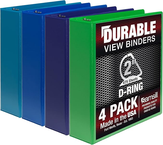 Samsill Durable 2 inch 3 Ring Binder, Made in USA, D Ring Binder, FSC 100% Recycled Chipboard, Marine Assortment, 4 Pack