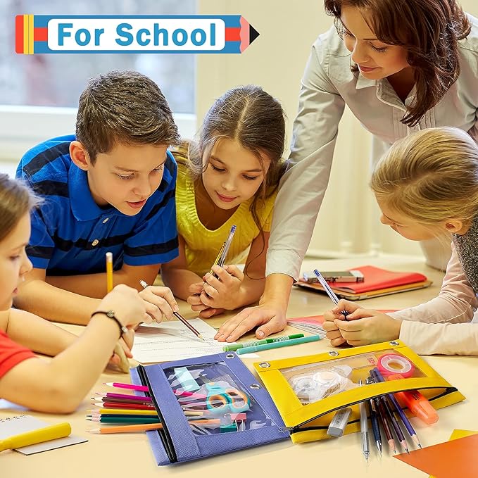 Pencil Pouch for 3 Ring Binder, 96 Pack Pencil Pouches with Zipper & Clear Window - 6 Assorted Color, Pencil Case Bulk for 3-Holes Binder, Multi-Purpose Storage Bag for Office, School Supplies (96)