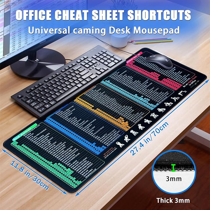 Windows/Excel/Word/PPT/Classic Outlook Cheat Sheet Desk Pad, MS Office Shortcuts Mouse pad, PC Desk Mousepad Mat,Non-Slip Stitched Edge, Employee Appreciation Gifts (27.4x11.8x0.12in)