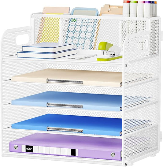Marbrasse 5 Tier Paper Organizer with 3 Pen Holders, Mesh Desk File Organizer with Handle, Paper Sorter Desk Organizer for Home Office Supplies(White)