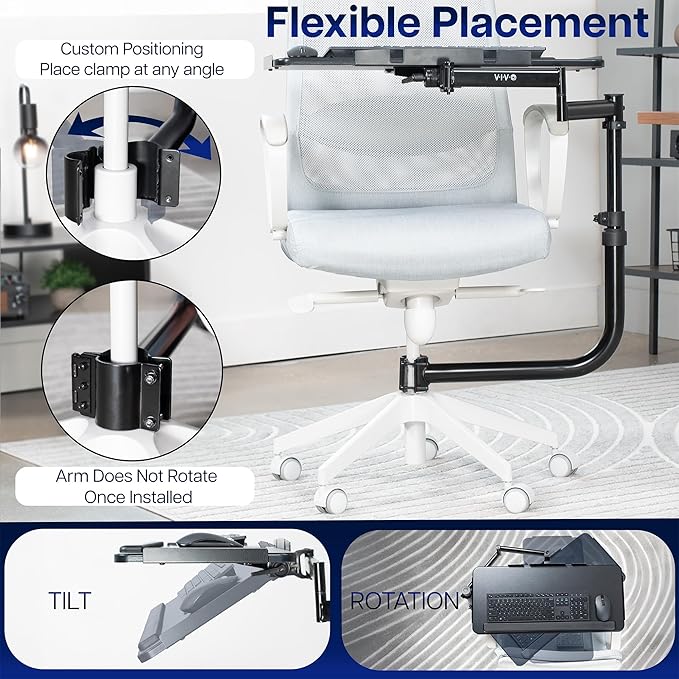 VIVO Office Chair Mounted 26 x 12 Inch Keyboard and Mouse Tray, Ergonomic Tilt, Full Motion 360 Degree Rotation, Black, MOUNT-KB18CP