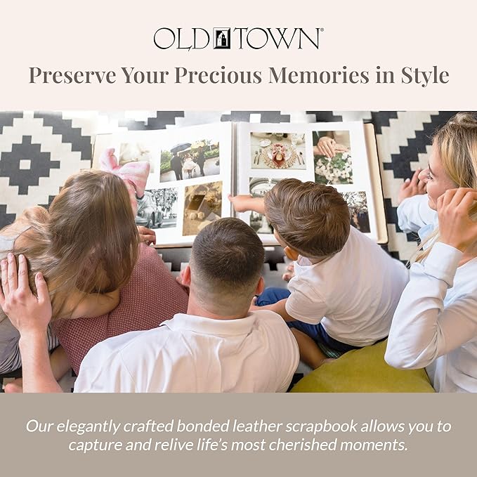 Old Town Bonded Leather Photo Album, Large Leather Scrapbook, Expandable Scrapbook Album 12x12 Double-Sided White Paper Pages and Optically Clear Pockets, Faux Suede Lining, Black