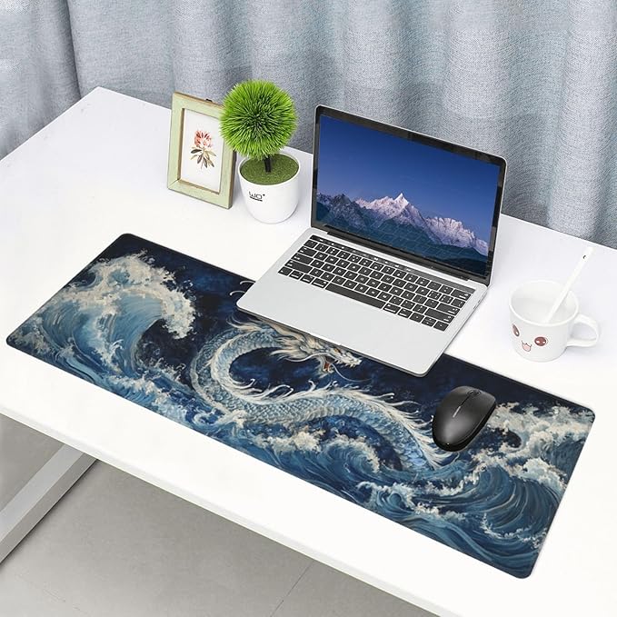 Dragon Wave Mouse Pad 31.5 X 11.8 Inch Big Desk Rubber Base Stitched Edges Keyboard Pad XXL Mouse Mat for Home Game and Office