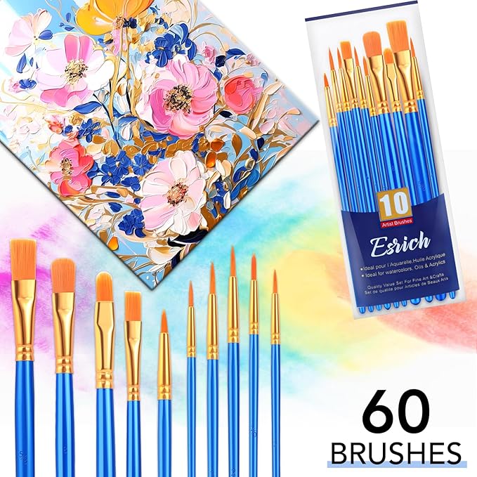 ESRICH Paint Brush Set,6 Packs 60 Pcs Nylon Hair Paint Brushes for Acrylic Painting,Artist Paintbrushes for Acrylic,Oil,Watercolor Painting,Face Nail Art,Paint Brushes for Kids,Blue