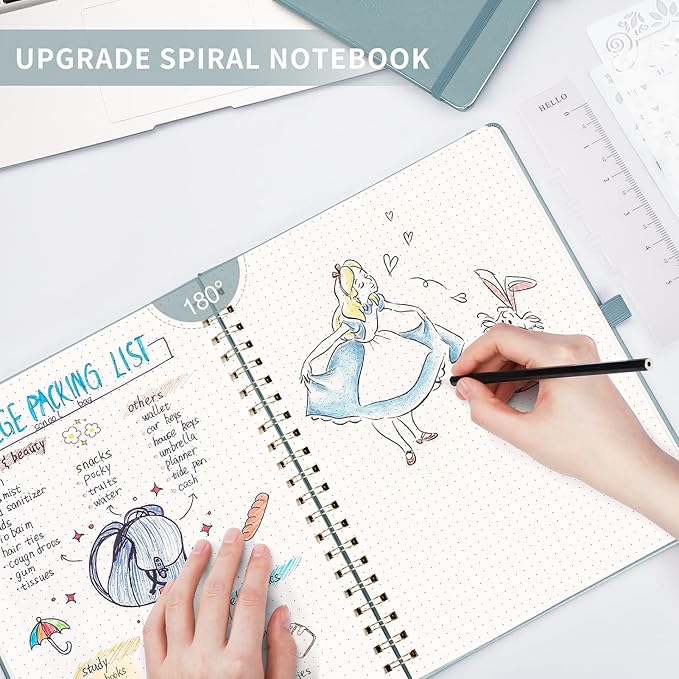 AHGXG Bullet Dotted Journal Spiral Notebook 8.5" x 11", Large A4 Leather Hardcover Dotted Notebook, 100 GSM Thick Dot Grid Paper, Inner Pocket, for Bullet Journaling, GrayBlue