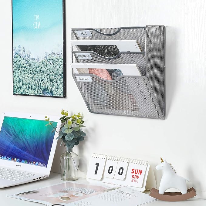 PAG Hanging Wall File Holder Mail Organizer Wall Mount Document Letter Rack, 3-Tier, Silver