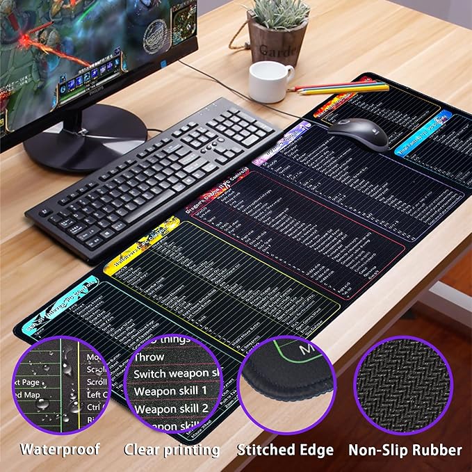 Thick Large Gaming Mouse Pad, XXL Gaming Mousepad Gamer Gifts for men, PC Game Keyboard Controls Quick Keys Shortcuts Commands Desk Mat,Gaming Room Desk Accessories for Boys,35.4*15.7 Inch