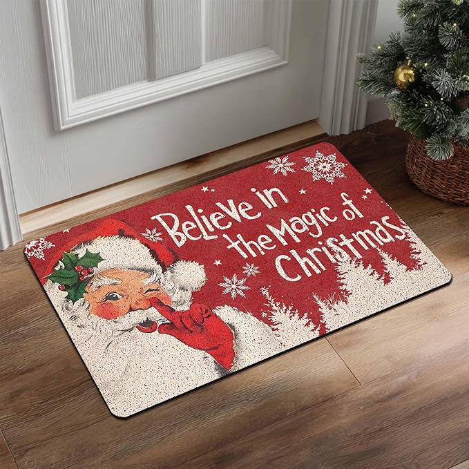 InterestPrint Merry Christmas Doormat Red Christmas Santa Claus Decorative Doormat Indoor Outdoor Entrance Xmas Winter Welcome Door Mat Anti-Slip Rubber for Seasonal Holiday Decortion, 16" x 24" Inch