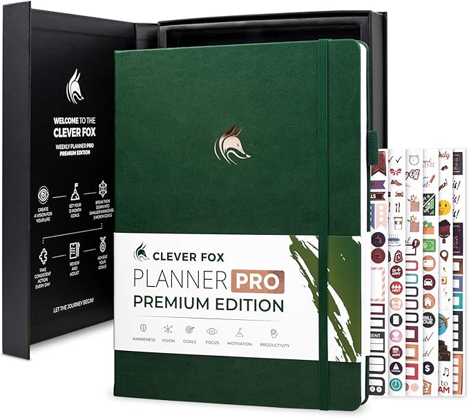 Clever Fox Planner Pro Premium Edition– Luxurious Weekly & Monthly Planner + Budget Planner Organizer for Productivity & Reaching Goals, Undated, A4 Hardcover + Keepsake Box, Lasts 1 Year, ForestGreen