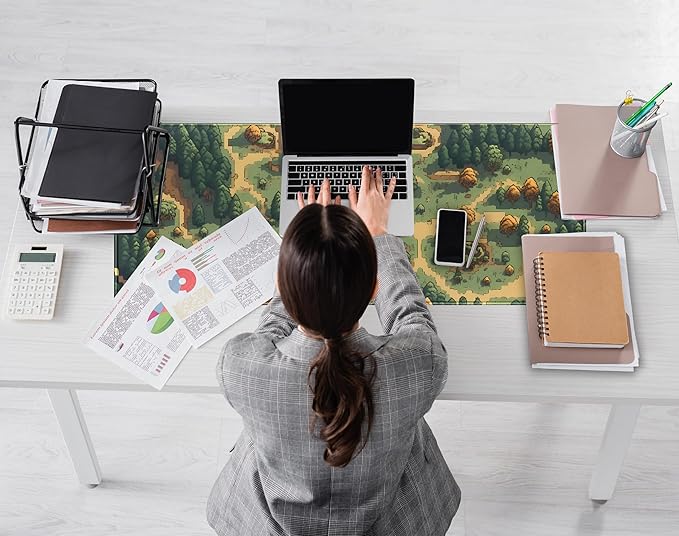 Retro Brown Green Desk Mat XL Large Gaming Green Forest Pixel Mouse Pad Non-Slip Rubber Base Mousepad, Keyboard Mouse Mat, Laptop Computer Mat with Stitched Edges, Office Work Mat 31.5x11.8 in