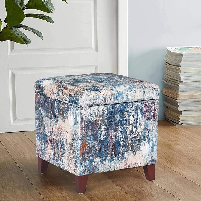 Adeco 18 Inch High Cube Ottoman Storage, Linen Chair Foot Stools, Upholstered Vanity Stool with Hinged Lid, Solid Wood Legs