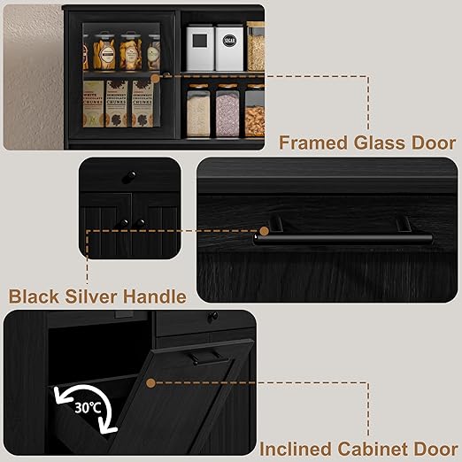 OLD CAPTAIN Tilt Out Trash Cabinet with Deodorising Function, Kitchen Hutch with Microwave Shelf and Drawer, Kitchen Pantry with Trash Cabinet for 10 Gallons, Black