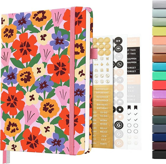 &And Per Se Dotted Journal Notebook for Women&Men with Pattern, A5 Hardcover, 160 Pages 100GSM Thick Dotted Paper, 3 Sheets of Stickers Included(Elegant Florals)