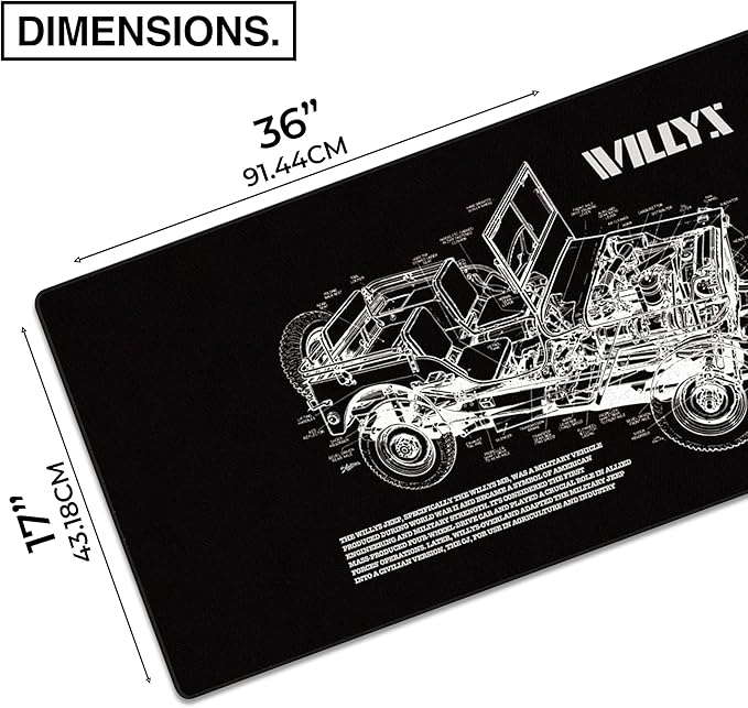 MPCO. Blueprints Large Gaming Desk Pad - 36" x 17" Aeroglyde Fabric Willys Jeep – Black Desk Mats - Non-Slip, Washable, Smooth Glide for Precision Gaming & Work