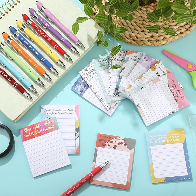 Geyee 24 Pcs Funny Sticky Notes with Funny Pens Fun Notepads for Adults Coworkers Nurse 3 x 4 Inch to Do List Notepads with Sayings Pen for Lab Week Gifts Teacher Office Supplies