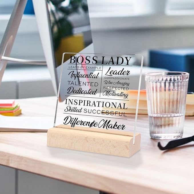 Boss Lady Gifts for Women, Best Boss Gifts Boss Birthday Gifts for Women Office Decor, Boss Lady Gifts Cool Gifts for Bosses Clear Acrylic Desk Decorative Sign for Boss Office Desk Decor