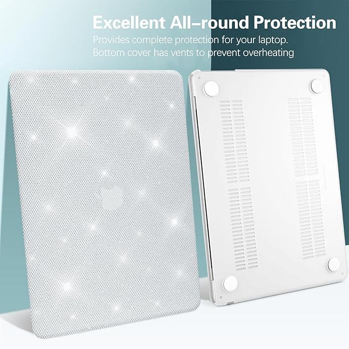 KEROM Glitter Case for MacBook Pro 14 inch 2025-2021 M5 M4 M3 M2 M1 Chip A3434 A3112 A3185 A3401 A2918 A2992 A2779 A2442, Luxury Bedazzled Bling Sparkle PU Leather Hardshell & Keyboard Cover, White