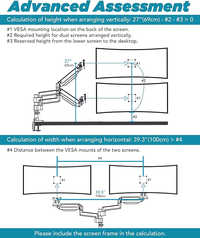 Heavy Duty Extension Arm [Accessory Only - Requires MA20PW-S Single Monitor Arm for Use] Dual 49" Vertical Stacked Monitor Mount Height Adjustable - 100x100 VESA Mount, White, MA20PW-A