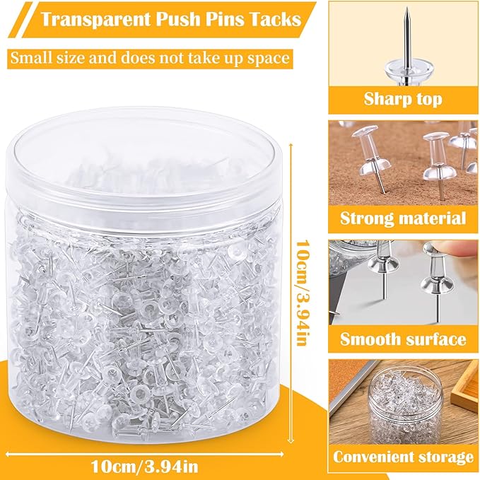 800 Pack Push Pins for Bulletin Board, Push Pins Tacks, Thumb Tacks with Clear Plastic Head and Steel Point, Clear Push Pins for Wall Hanging, Cork Board, Calendar, Photo, Home, Office, Craft Projects