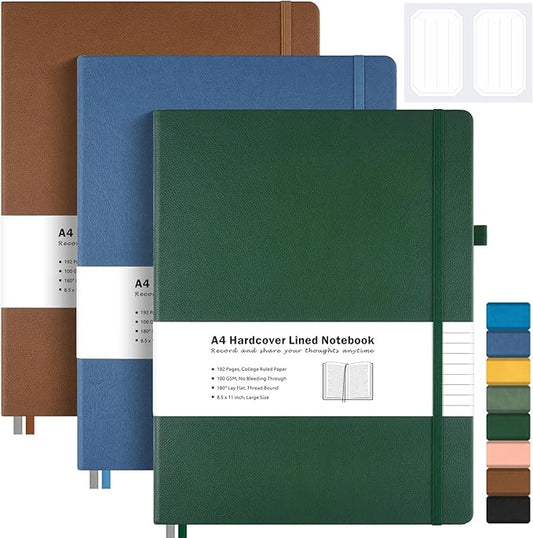 3 Pack College Ruled Notebook, A4 Hardcover Leather Notebook for Work, Lined Notebook Journal for Women, Men, 192 Thick Paper, 8.5" x 11", Large Notebook, Professional Business Notebook, Multicolor