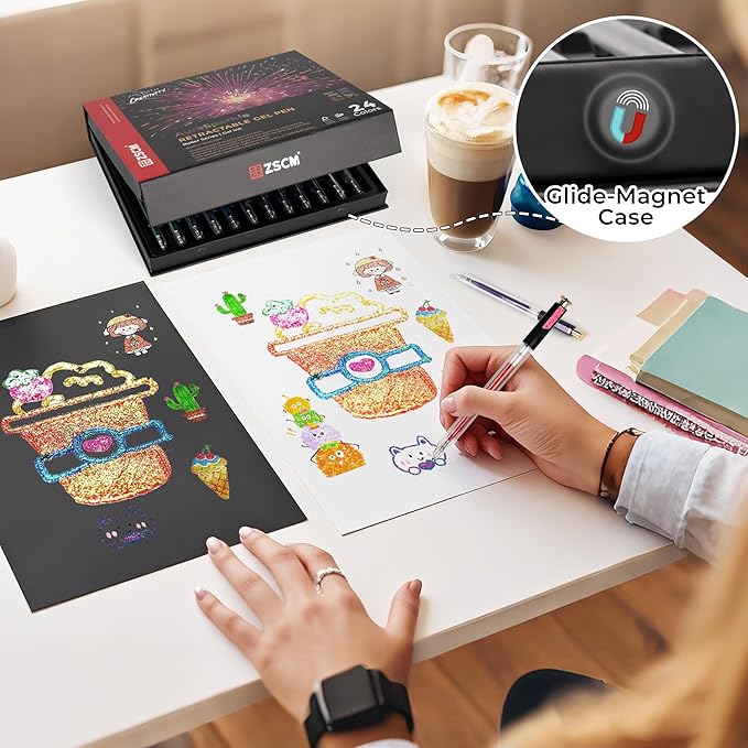 Retractable Super Glitter Gel Pens, 24 Colors Large Capacity Metallic Sparkle Gel Ink Pens, 1 mm Fine Point Smooth Writing Color Pen for Adult Coloring Book Note Taking Aesthetic Art Supplies