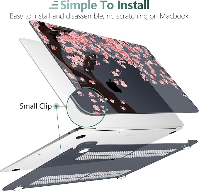 DONGKE MacBook Case for MacBook Air 13 inch M1/A2179/A1932, Crystal Black Hard Shell Cover with Cherry Blossom Pattern, Touch ID & Retina Display Compatible