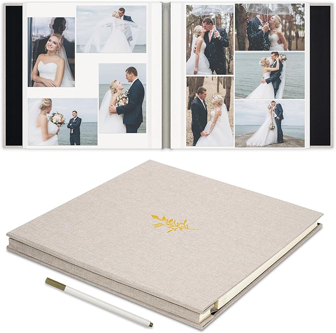 Self Adhesive Photo Album, Beige Scrapbook Album with DIY 60 Blank Pages, Wedding Photo Album with A Metallic Pen for 4x6 5x7 2x3 Pictures, 10.6"x11"