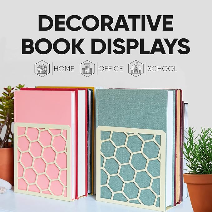 GEOMOD Geometric Honeycomb Yellow Metal Bookends Decorative - Tall Sturdy Book Ends for Shelves - Modern Heavy Duty Bookend Stopper - Office or Home Book Shelf - 6x3.25x6.25 Inches - 1 Pair