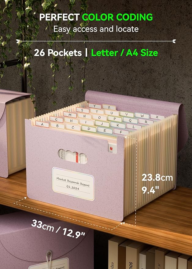 Accordion File Organizer, 26 Pockets Wheat Straw Expanding File Folder, Monthly Bill Receipt Organizer, A-Z Tabs, 100% BPA Free, Return to Nature, Healthy Living-Lavender Purple