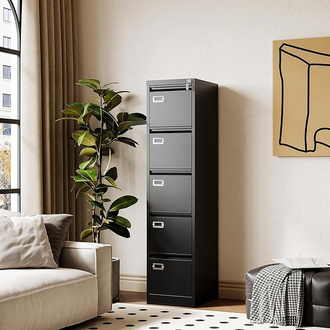 File Cabinets - 5 Drawers Vertical 17.8" Deep Lockable Filing Cabinet - Black & Gray Metal Storage Cabinets for Home Office to Hanging Files Letter/Legal/F4/A4 Size