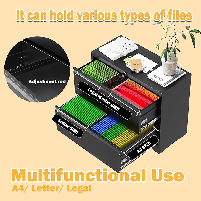 2 Drawer Lateral File Cabinet with Lock, File Cabinet, Metal Lateral Filing Cabinets for Home Office, File Storage Cabinet for Legal/Letter/A4 Documents, Assembly Required (Black, 26'W)