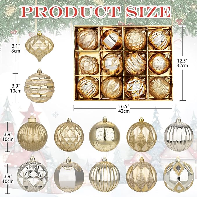 Hollyone 4 Inch Christmas Ball Ornaments 12Pcs Christmas Tree Balls Ornaments Colored Shatterproof Christmas Ornaments for Xmas Tree Decor for Holiday Party Wreath Home Decor (Champagne, 100mm)
