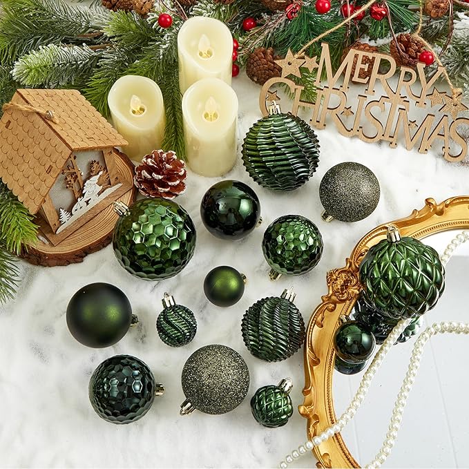 Christmas Balls Ornaments -36pcs Shatterproof Christmas Tree Decorations with Hanging Loop for Xmas Tree Wedding Holiday Party Home Decor,6 Styles in 3 Sizes(Dark Green)