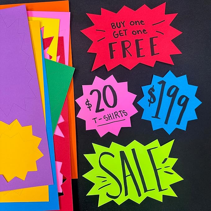 FreshCut Crafts 80 pcs Starburst Signs Multicolor Blank Tags in 2 Sizes for Retail Sales, US Made Card Stock Punch Out Signs for Garage Sale Yard Sale Bulletin Board Decoration