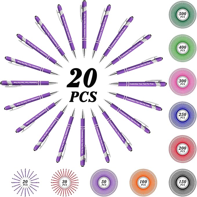 Max 500 Pcs Personalized Pens Bulk, Custom Pens with Free Engraving, Customized Stylus Tip Ballpoint Pen with Your Name Massage Text for School Office Business Graduation Anniversaries-20 Packs