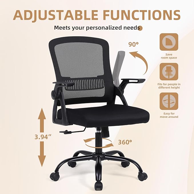 Office Chair, Ergonomic Desk Chair with Lumbar Support, Breathable Mesh Chair with Flip-up Armrests and Mid Back, Comfy Task Computer Height Adjustable Swivel Chair (4, Black)