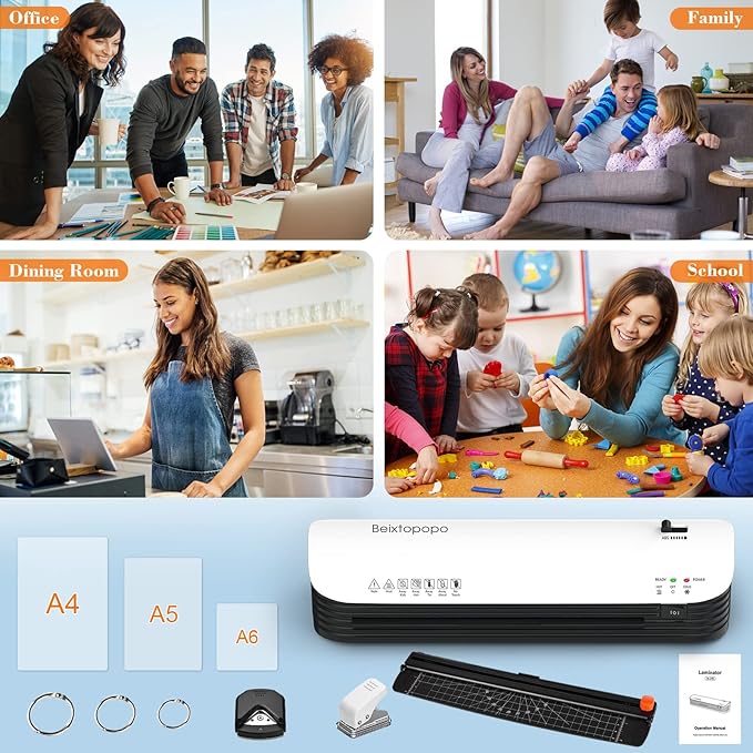 Laminator Machine, 9 Inch Thermal Laminater, Beixtopopo A4/A5/A6 Personal Laminator Machine with Laminating Sheets, 6 in 1 Heating Laminate Machine for Home School Office, Silent