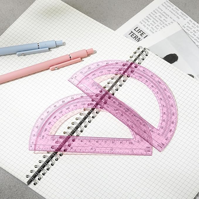 Zonon 2 Pcs 6 Inch Plastic Protractor Math Protractors 180 Degrees Angle Measurement, Translucent for Geometry Classroom Kid Student School Office Supplies(Light Pink)