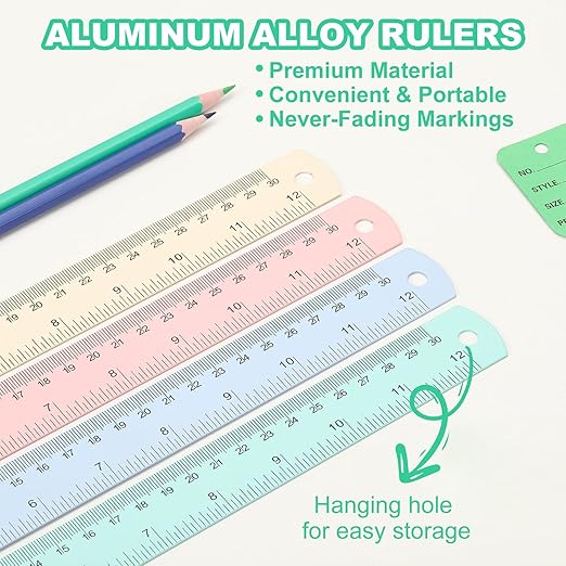 PATIKIL 20cm/8" Metal Ruler, 2 Pack Aluminum Alloy Rulers with Centimeters, Millimeters, Inches and Conversion Table Straight Edge Ruler for Writing Machinist Drafting, Blue Green