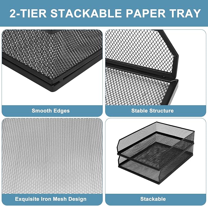 Stackable Paper Tray Organizer, Metal Mesh Wire Letter Tray, Letter Trays Organizers, Front-Load Paper Holder Storage for Office, School, Home,2 Pcs