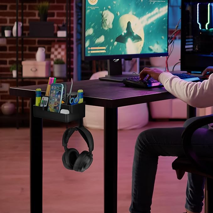 BRAINWAVZ Stationary Pen Holder with Headphone Hanger, Hobby Craft Home Office Organizer for Side of Desk, Shelves - Easy To Install, Adjustable Clamp